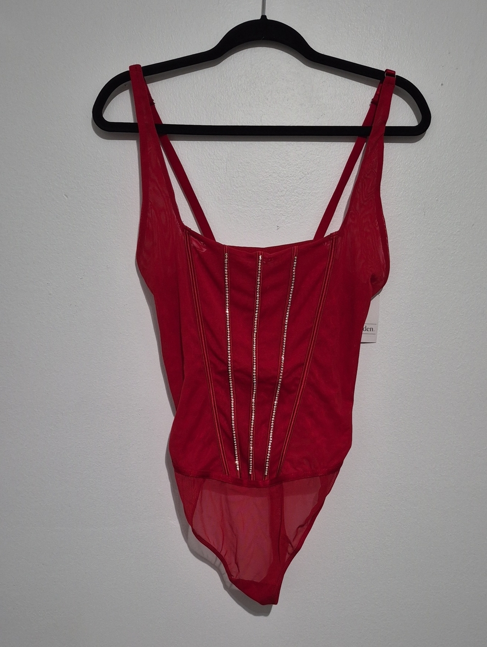 Auden Red Sheer Mesh Bodysuit with Front Trim